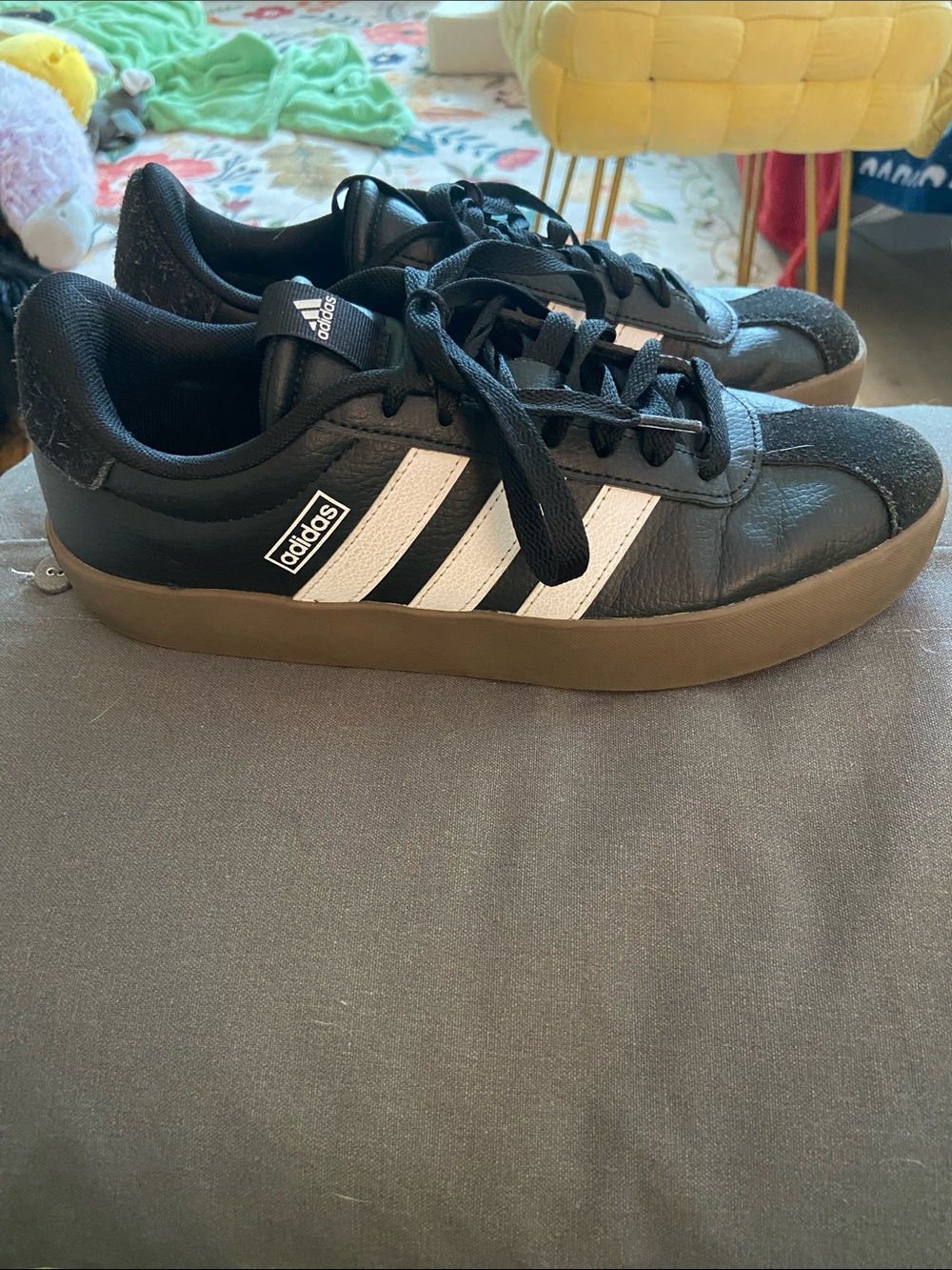 adidas Black Sneakers with White Stripes and Brown Gum Sole